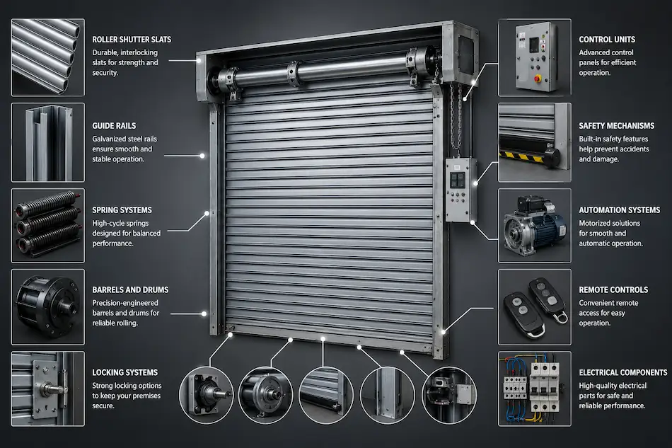 Roller shutter door components and systems