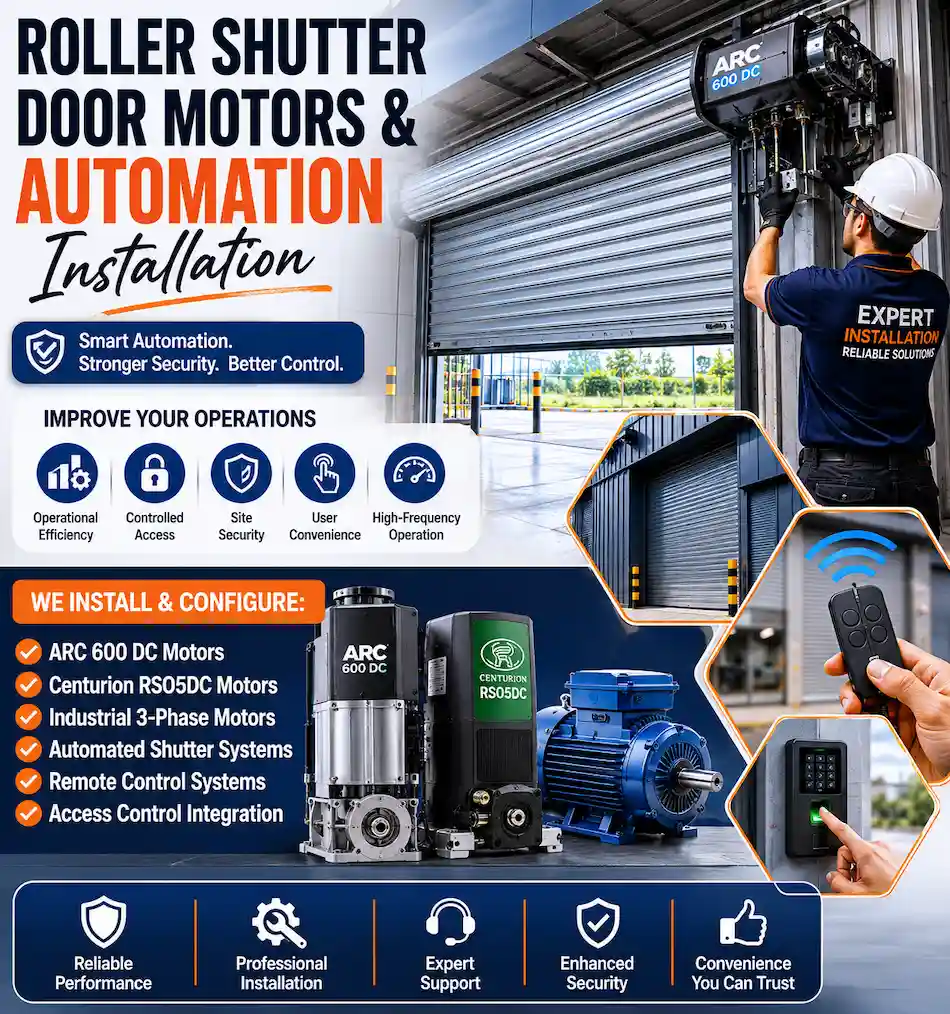 Roller shutter door motors and automation systems
